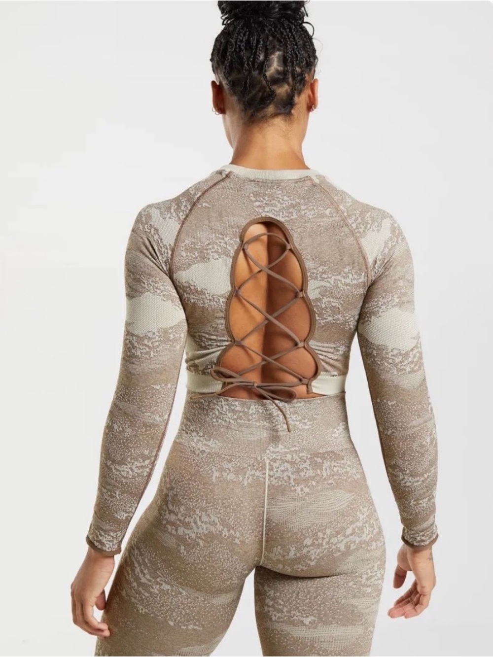 Gymshark Adapt Camo Seamless Lace Up Back Top - Pebble Grey/Soul Brown